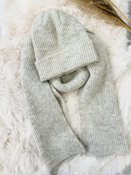 Szaro-beżowy komplet moher i wełna czapka + szalik