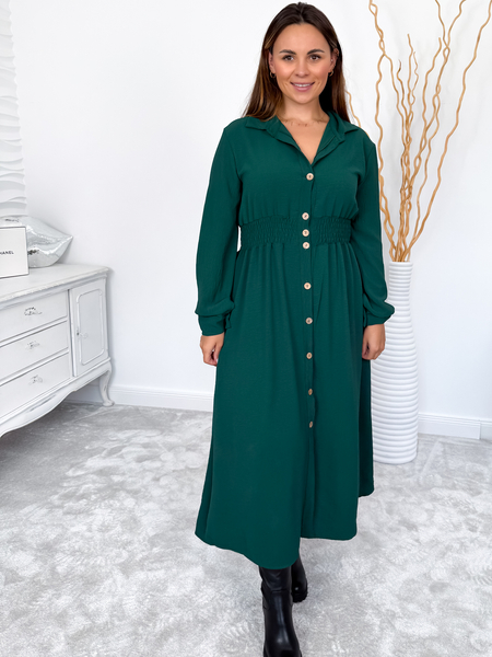 Butelkowa zieleń szmizjerka maxi zapinana na guziki