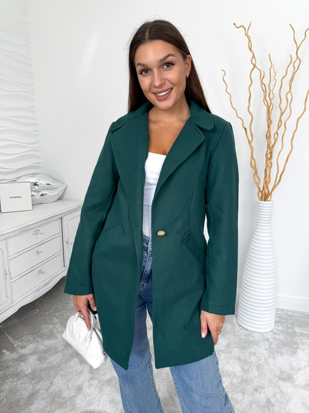 Butelkowa zieleń płaszcz ze złotym guzikiem