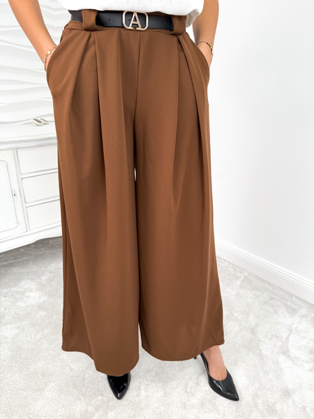 Czekoladowe szerokie spodnie palazzo z paskiem Paloma