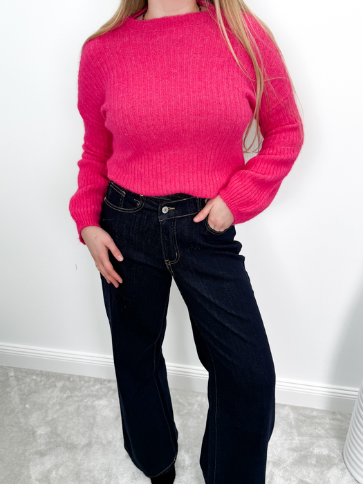 Fuksja moher i wełna sweter dzwonek