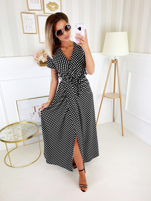 Czarna długa sukienka w kropki Coral