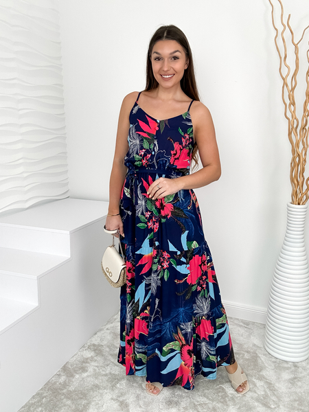 Granatowa sukienka we wzory z paskiem Carla