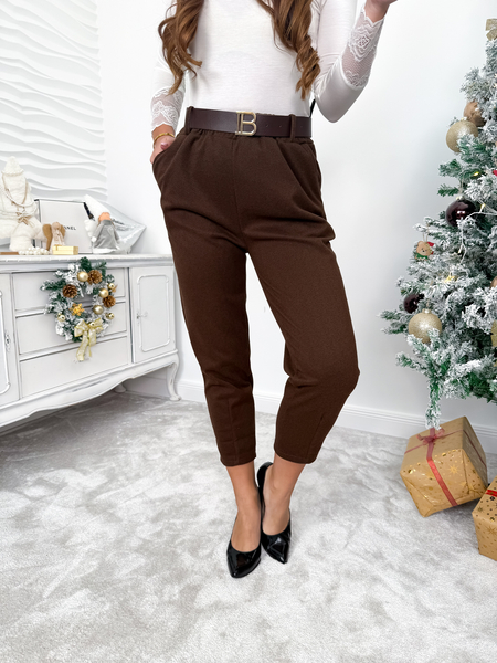 Czekoladowe spodnie jodełka z paskiem