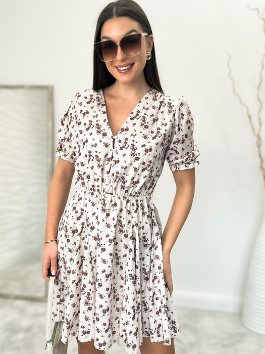 Beżowa sukienka z falbaną w brązowe kwiaty Cara