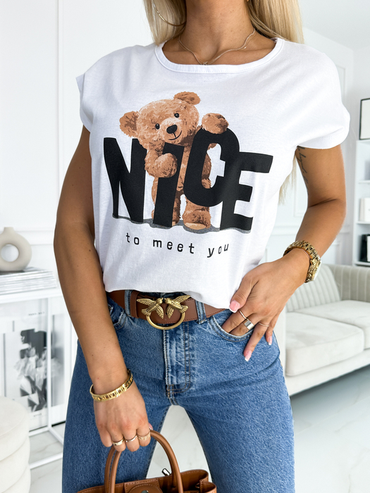 Biały t- shirt z aplikacją "Nice to meet you"