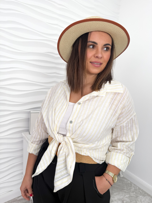 Żółta ażurowa bawełniana koszula w paski