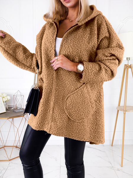 Camel płaszcz baranek z kapturem