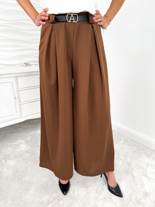 Czekoladowe szerokie spodnie palazzo z paskiem Paloma