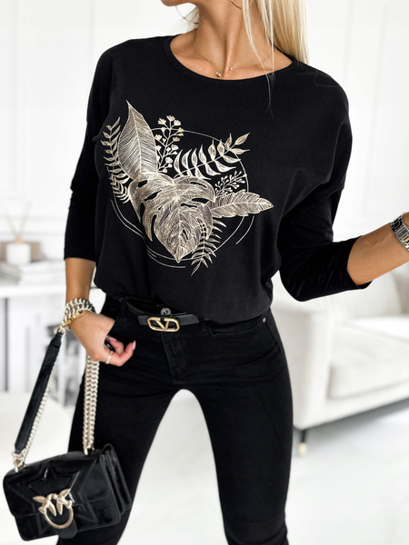 Czarna bluzka z rękawem 3/4 ze złotym printem