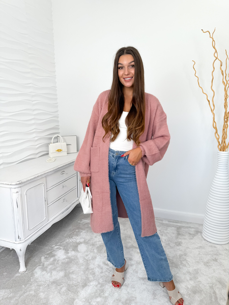 Różowy długi kardigan fluffy