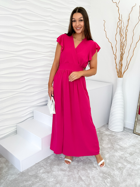 Fuksja sukienka z kopertowym dekoltem i falbaną na rękawie Adela