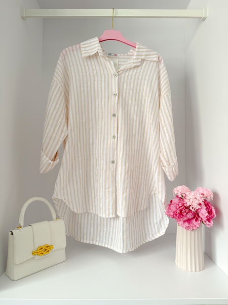 Beżowa ażurowa bawełniana koszula w paski