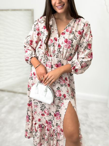 Beżowa sukienka z rozcięciem w kwiaty Lily