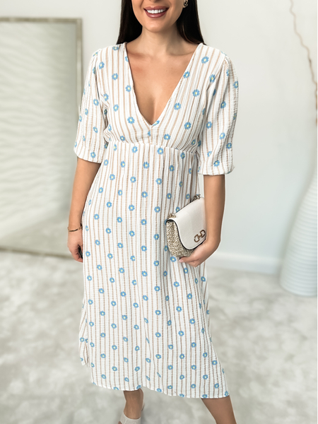 Beżowa muślinowa sukienka z wiązaniem na plecach