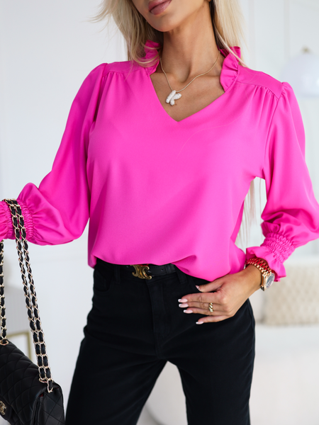 Fuksja elegancka bluzka z falbanką przy szyi
