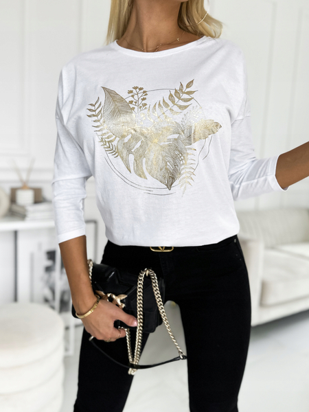 Biała bluzka z rękawem 3/4 ze złotym printem