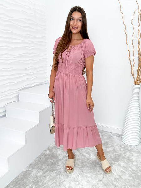 Różowa sukienka z wiązanym dekoltem Irene