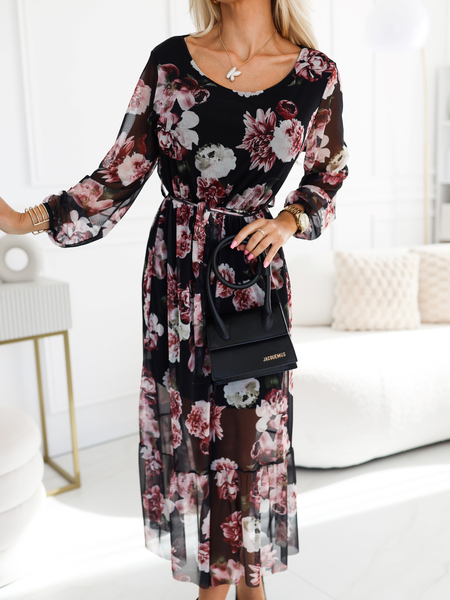 Czarna sukienka w różowe kwiaty Flower