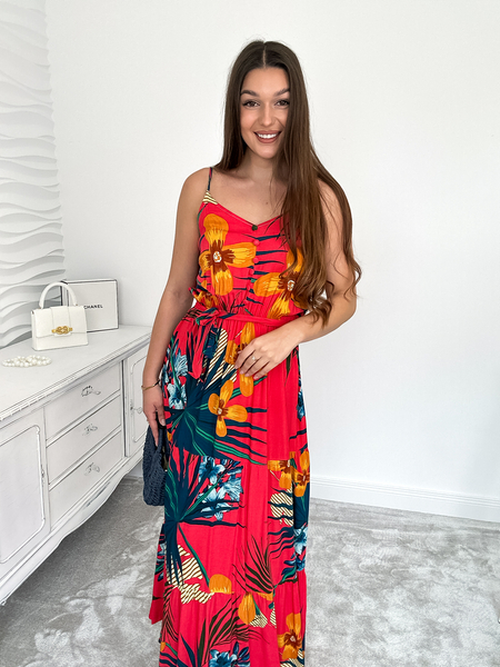 Czerwona sukienka we wzory z paskiem Carla II