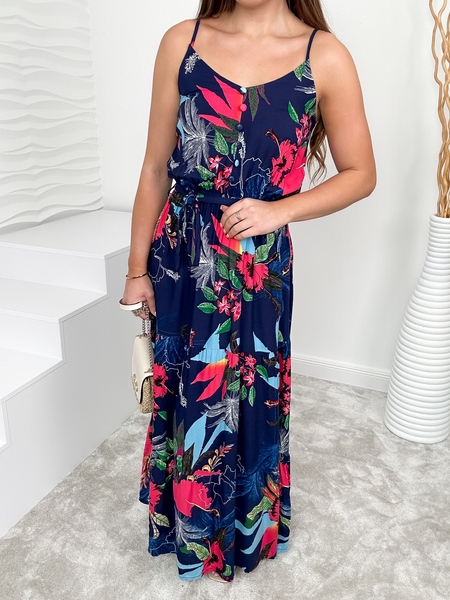 Granatowa sukienka we wzory z paskiem Carla