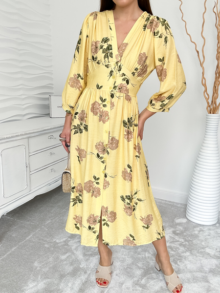 Cytrynowa sukienka z motywem kwiatowym Esperanza