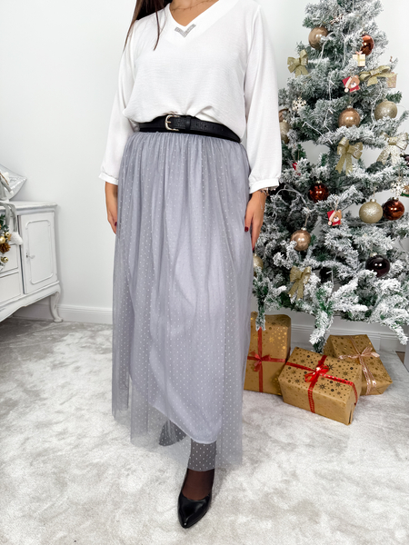 Szara spódnica tiulowa w drobne kropki