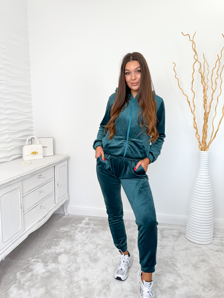 Butelkowa zieleń komplet welurowy- bluza ze spodniami Evelyn