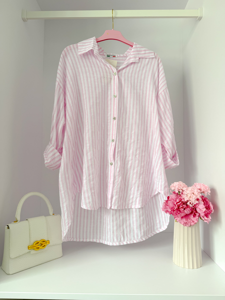 Różowa ażurowa bawełniana koszula w paski