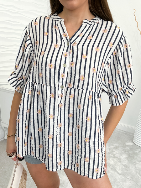 Luźna muślinowa bluzka w granatowe paski