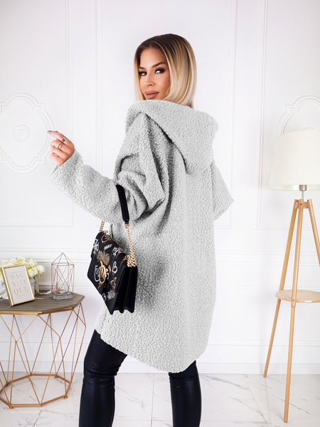 Szary płaszcz baranek z kapturem