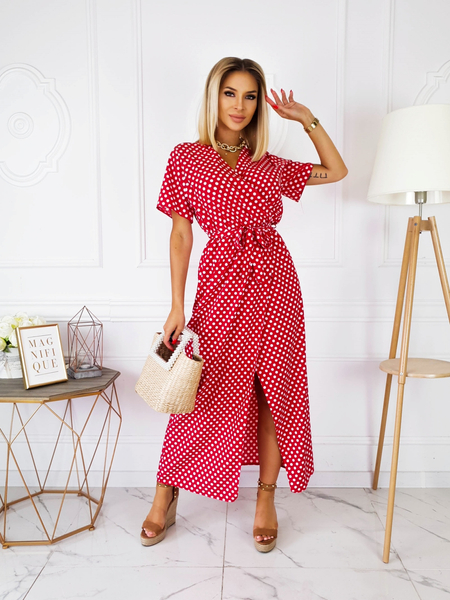 Czerwona długa sukienka w kropki Coral