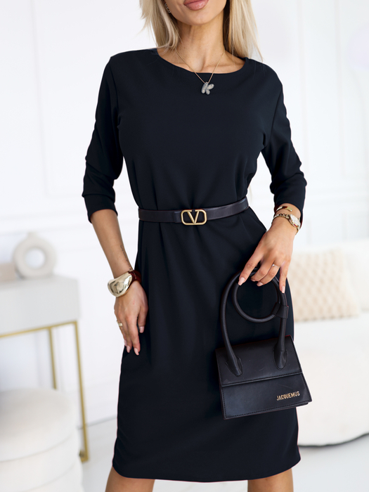 Granatowa gładka sukienka z rękawem 3/4 Noelle