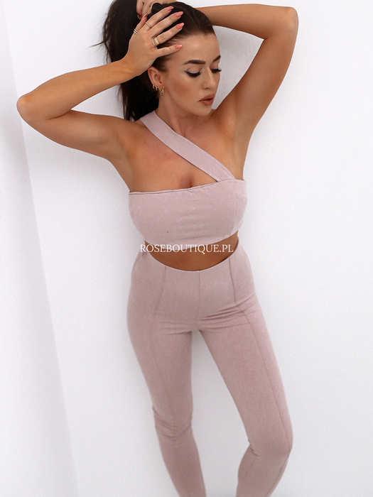 Pudrowo-różowy komplet top + spodnie