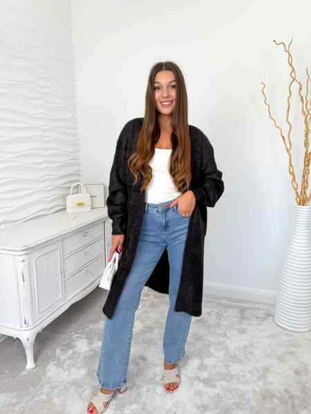 Czarny długi kardigan fluffy