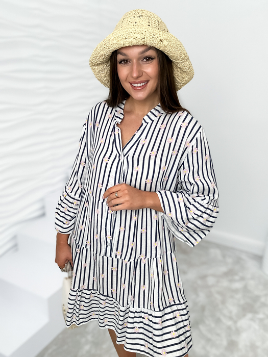 Biała muślinowa sukienka w granatowe paski Ada