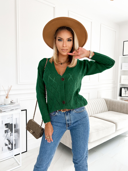 Butelkowa zieleń sweter w romby z guzikami