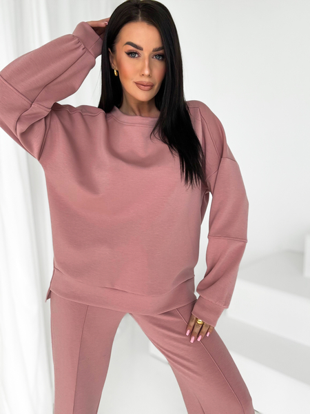 Brudny róż komplet dresowy z szeroką nogawką