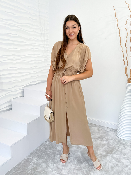 Beżowa sukienka z guzikami i falbaną na rękawie Daria