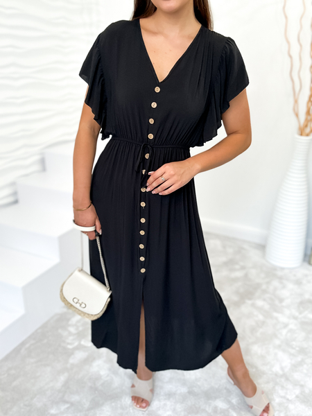 Czarna sukienka z guzikami i falbaną na rękawie Daria