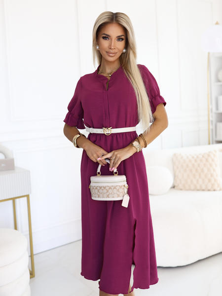 Śliwka sukienka z falbanką na rękawie Tamara