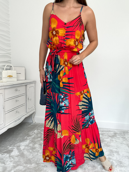 Czerwona sukienka we wzory z paskiem Carla II