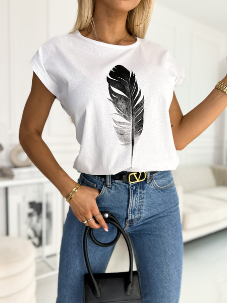 Biały klasyczny t- shirt z aplikacją pióra
