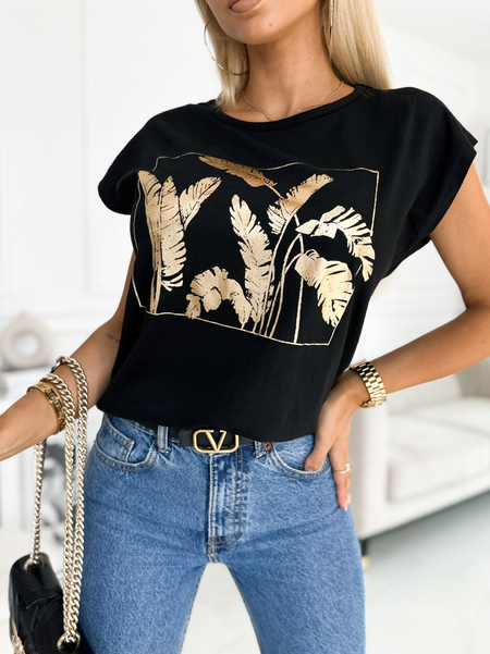 Czarny t- shirt z aplikacją w liście