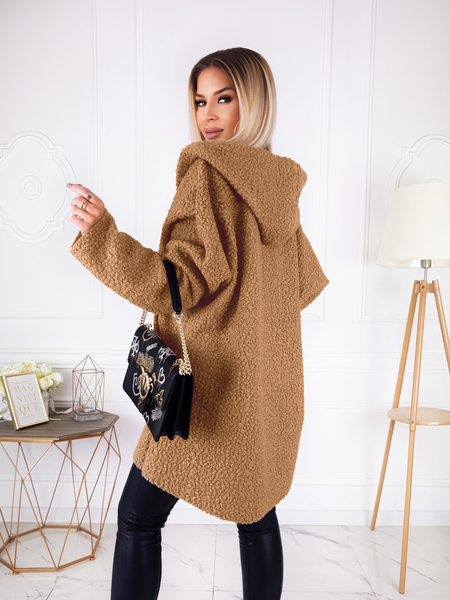 Camel płaszcz baranek z kapturem