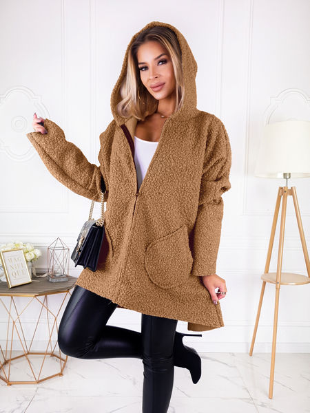 Camel płaszcz baranek z kapturem