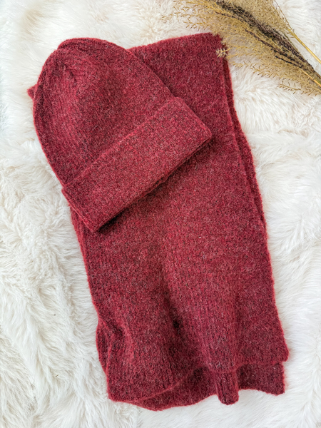 Bordowy komplet moher i wełna czapka + szalik