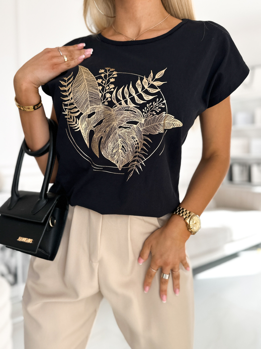 Czarny t- shirt ze złotą aplikacją roślin