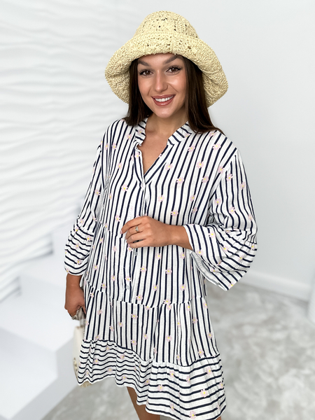 Biała muślinowa sukienka w granatowe paski Ada