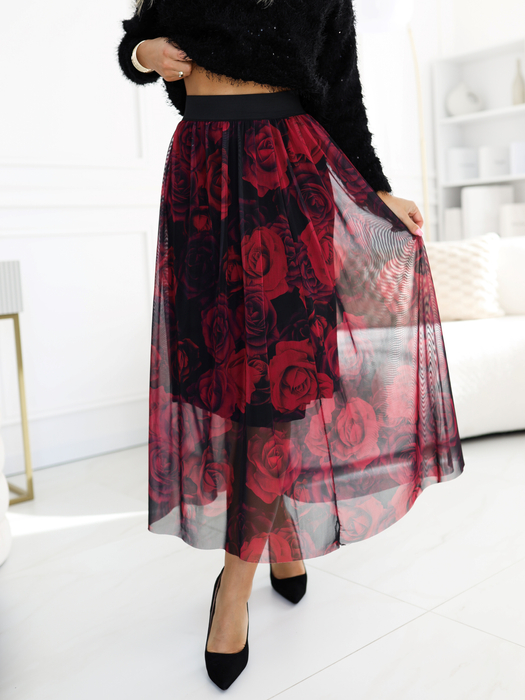 Czarna spódnica tiulowa w czerwone róże